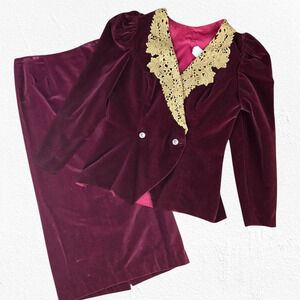 1980s Vintage Burgundy Velvet Gold Trim Power Suit Blazer Skirt Suit Size 10